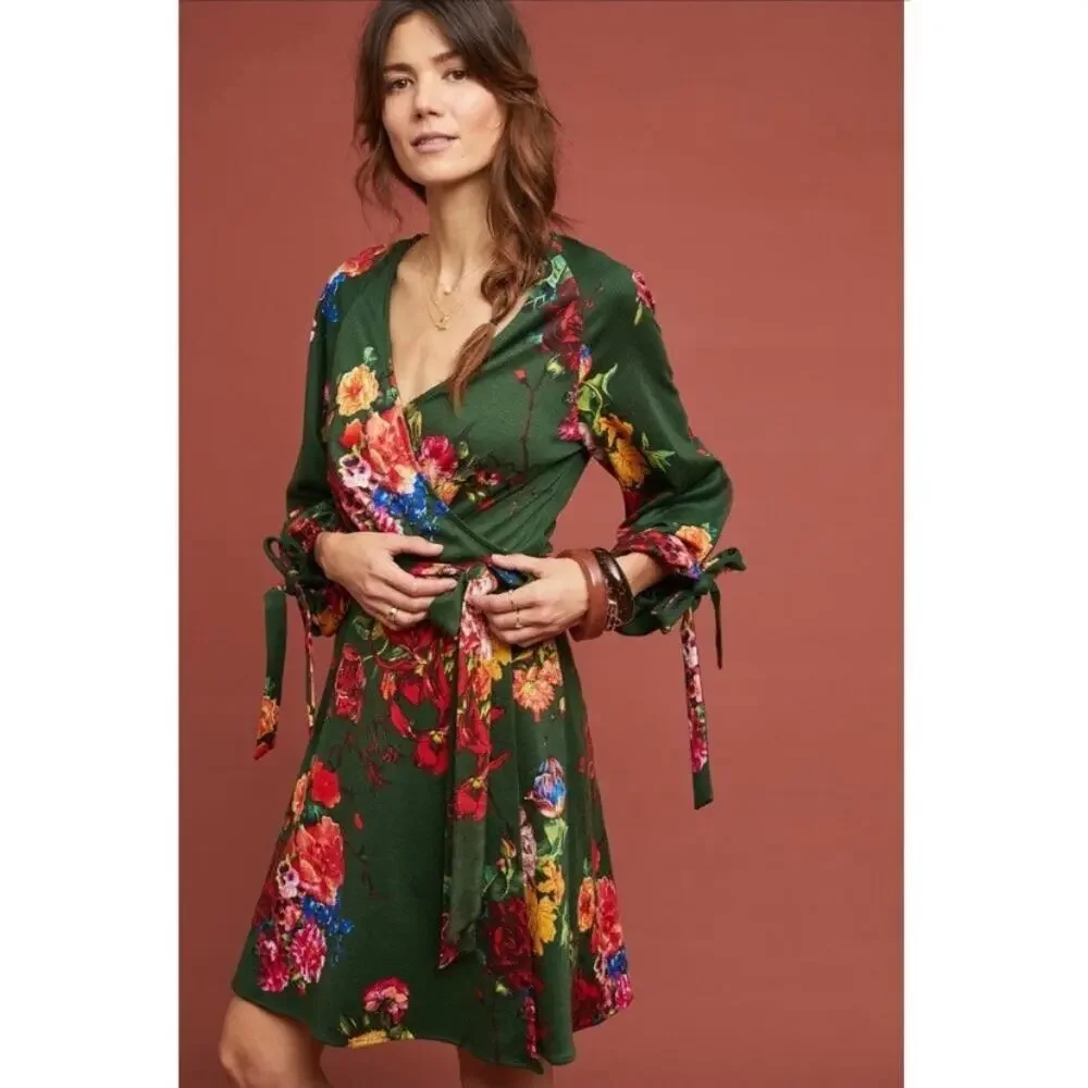 Anthropologie Eva Franco Green Floral Dahlia Wrap Mini Dress Sz.S - Picture 1 of 15